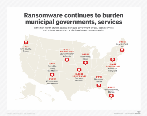 Map showing 2022 ransomware attacks on U.S. public services