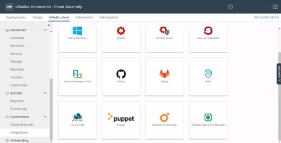 Screenshot of vRA Cloud Assembly integrations interface