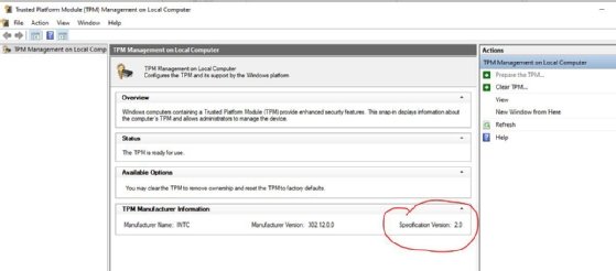 The Trusted Platform Module settings on a local computer show TPM 2.0 is present.